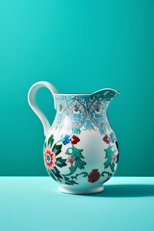 Porcelain jug with floral pattern on a green background. 3d renderingの素材