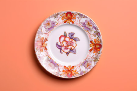 Vintage porcelain plate with floral pattern on orange background.の素材