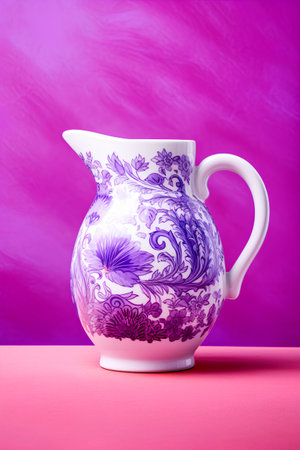 Porcelain jug with floral pattern on a pink background.の素材