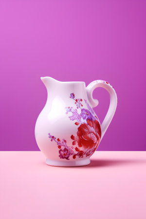 Porcelain jug with floral pattern on a pink background. 3d renderingの素材