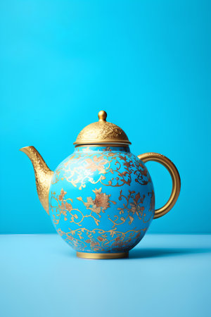 Golden teapot on blue background. 3d render illustration.の素材