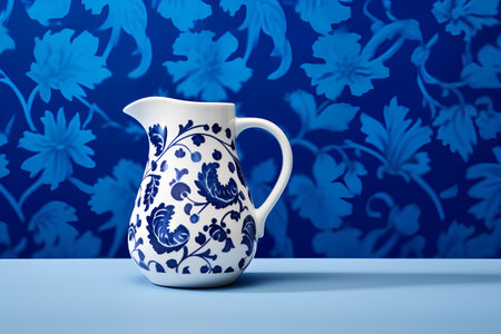 Porcelain jug on a blue background with a floral patternの素材
