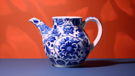 Porcelain teapot on a blue-red backgroundの素材
