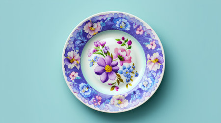 Elegant porcelain plate with floral ornament on blue background.の素材