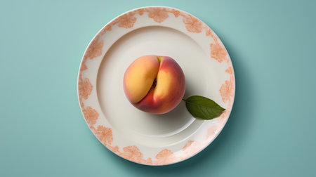 Plate with peach and leaf on blue background. 3d illustrationの素材