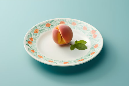Creative layout made of peaches and mint leaves in plate on blue background. Minimal summer food concept.の素材