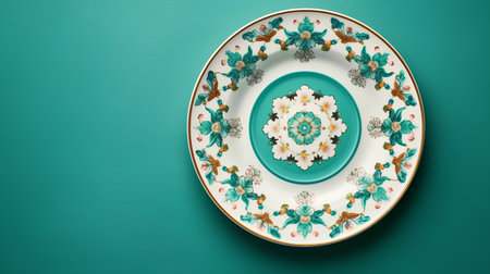 Top view of empty plate with floral ornament on turquoise backgroundの素材