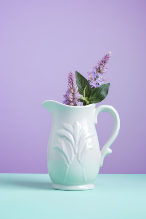 Vase with lilac flowers on pastel background. 3D renderingの素材