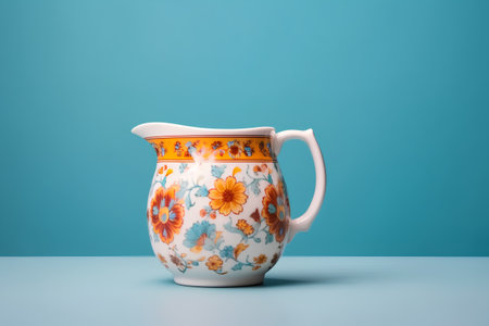 Porcelain jug with floral pattern on a blue background.の素材