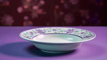 Empty porcelain bowl on a purple background. 3d renderingの素材