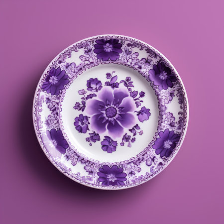 Empty ceramic plate with floral pattern on purple background. Top view.の素材