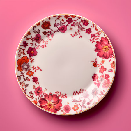 Round porcelain plate with floral ornament on a pink background.の素材