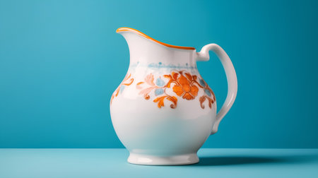 White porcelain jug with floral ornament on blue background. 3d renderingの素材