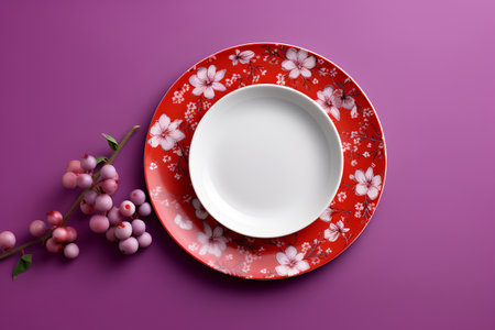 Empty red plate with floral pattern on purple background. 3d renderingの素材