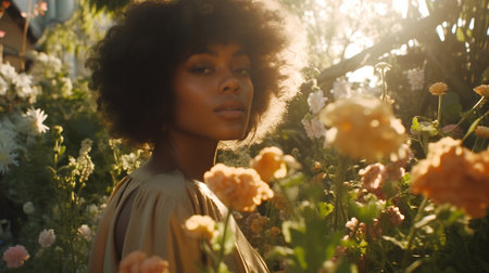 Beautiful african american woman with afro hairstyle in the gardenの素材