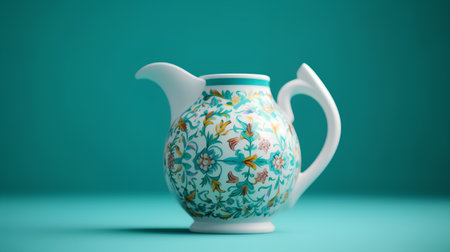 Porcelain teapot on green background. 3D renderingの素材