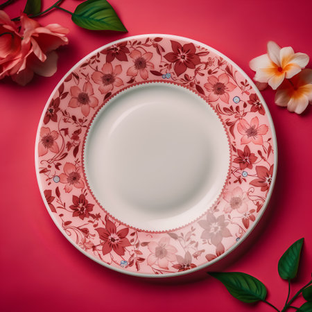 Empty plate on a red background with flowers. View from above.の素材