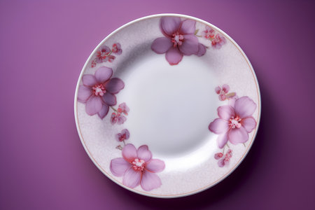 White porcelain plate with pink flowers on a purple background.の素材