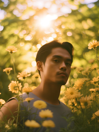 Young asian man in the yellow flowers meadow at sunset.の素材