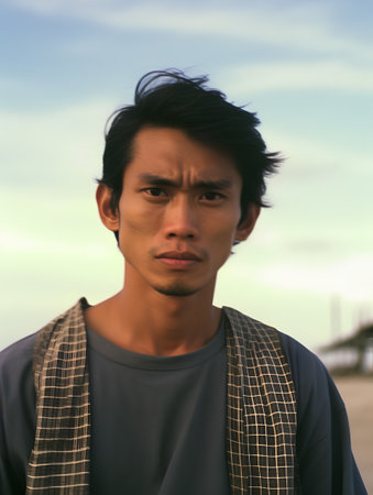 Portrait of a young Asian man looking at the camera with a serious expressionの素材