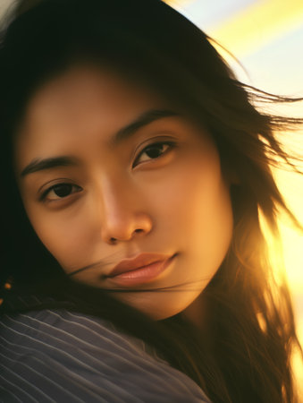 Portrait of a beautiful young asian woman in the sunset lightの素材