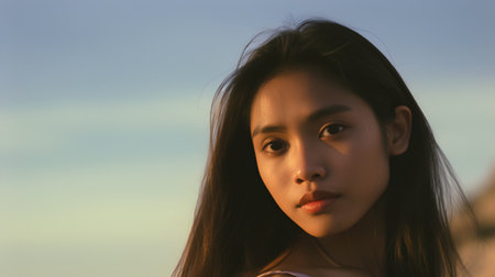Portrait of a beautiful asian woman on the beach at sunsetの素材