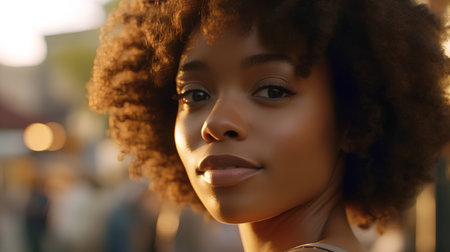 Beautiful african american woman with afro hairstyle in the cityの素材