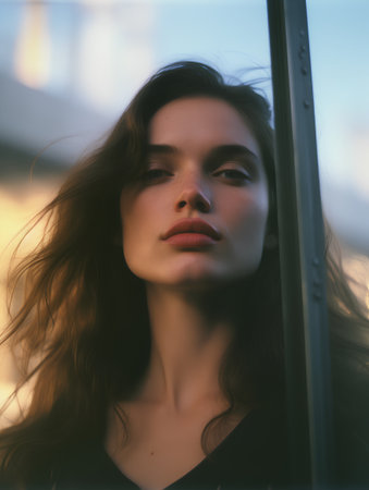 portrait of a beautiful girl with long curly hair on a background of the cityの素材