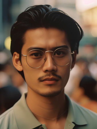 Handsome asian man wearing eyeglasses on the streetの素材