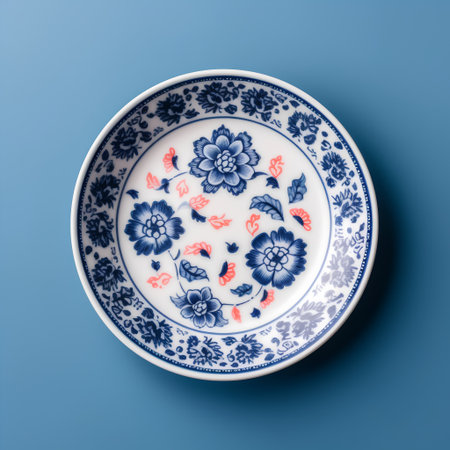 Top view of blue and white porcelain plate on blue backgroundの素材