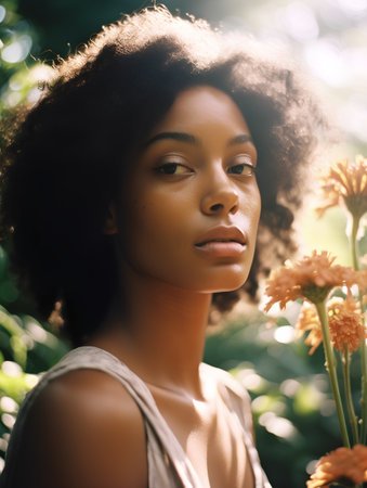 beautiful african american woman with afro hairstyle posing in summer gardenの素材