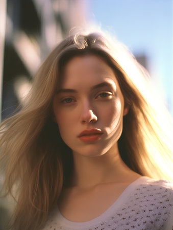 Portrait of a beautiful young woman with long blond hair in a white blouse.の素材