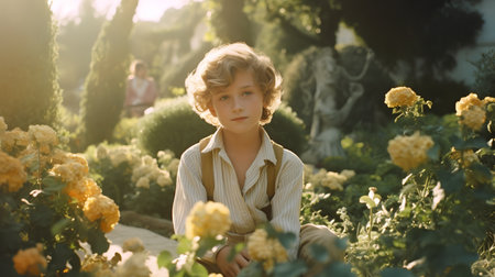 Portrait of a little boy in the garden at sunset. The boy looks at the camera.の素材