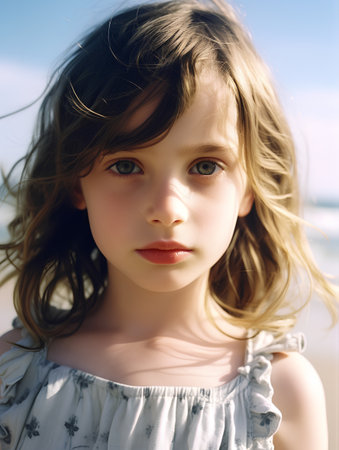 portrait of a cute little girl on the beach, close-upの素材