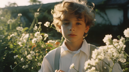 Portrait of a boy in a white shirt and suspenders in the gardenの素材