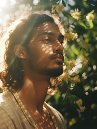 Portrait of handsome young man with long curly hair and beard looking awayの素材