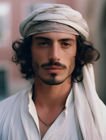 Portrait of handsome arabian man in white shirt and turbanの素材