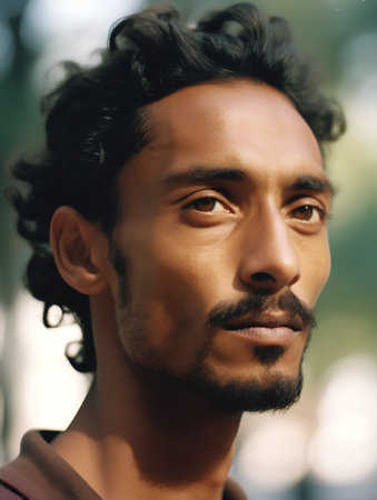 Portrait of young handsome Indian man with beard and mustache in parkの素材