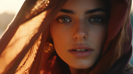 Portrait of a beautiful young woman with makeup in a red scarfの素材