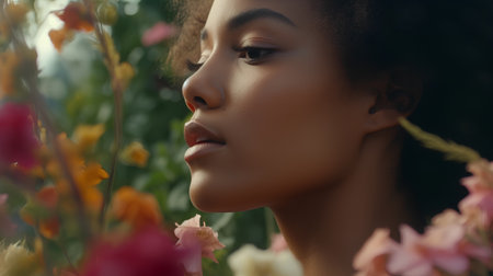 Close up portrait of a beautiful young african american woman with flowersの素材