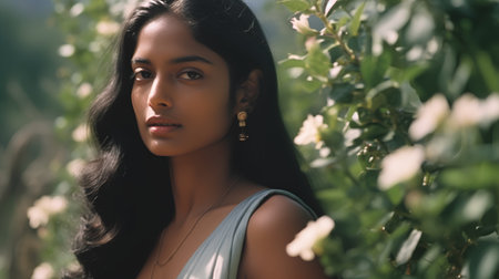 Beautiful young woman in the garden. Portrait of a beautiful girl.の素材