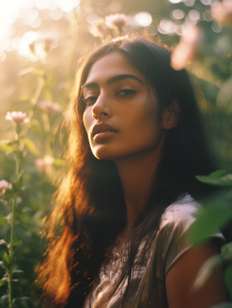 Beautiful young woman in the garden at sunset. Natural beauty.の素材