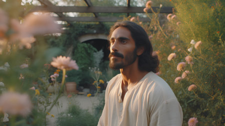 Portrait of a bearded Indian man in a white shirt in the garden.の素材