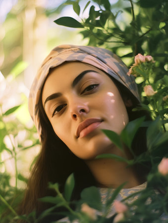 Beautiful young woman with a headscarf in the garden.の素材