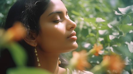 Portrait of a beautiful young asian woman in the garden.の素材