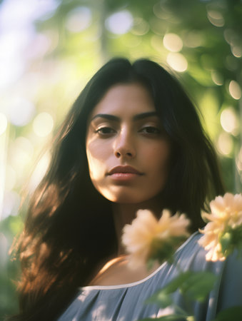 Portrait of a beautiful young woman with flowers in the garden.の素材
