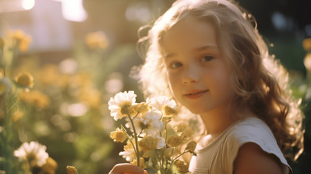 Portrait of a little girl in the field with daisiesの素材