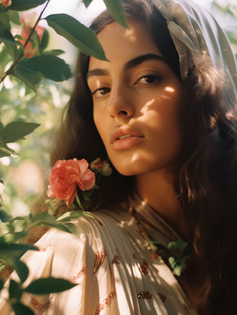 Portrait of a beautiful girl with a rose in her hair.の素材