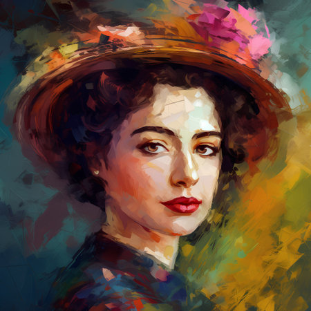 Portrait of a beautiful girl in a hat. Digital painting.の素材