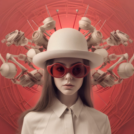 Portrait of a beautiful young woman in a white hat and red sunglasses on a red background.の素材